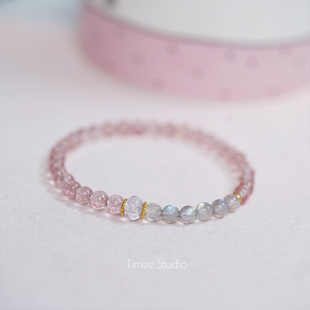 Timee恬觅 荒野玫瑰 天然草莓晶月光石弹力绳手链手串