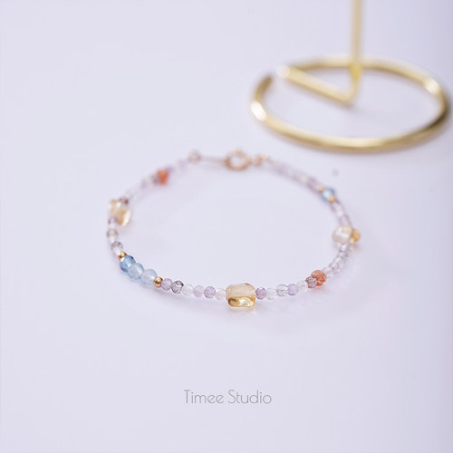 Timee恬觅 花漾 天然极细超七黄水晶海蓝宝金太阳14K美包手链手串