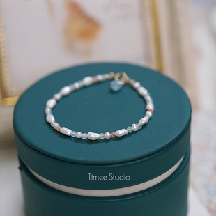Timee恬觅 天然淡水珍珠海蓝宝葡萄石金草莓手链手串礼物 山茶花
