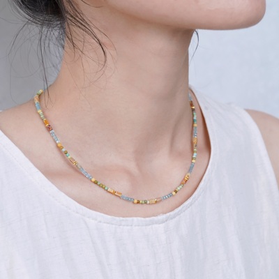 Timee恬觅 柠檬草 天然绿松蓝磷灰金膏玉玛瑙925银镀金项链礼物