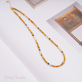 Timee恬觅 秋词 天然金虎眼青金石贝壳捷克珠925银镀金项链毛衣链