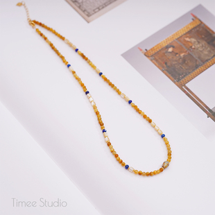 Timee恬觅 秋词 天然金虎眼青金石贝壳捷克珠925银镀金项链毛衣链