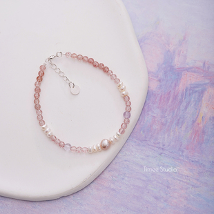 Timee恬觅 天然草莓晶淡水珍珠紫水晶s925银手链手串 梦里花