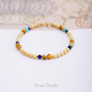 Timee恬觅 雁南飞 天然金膏玉民典与金虎眼蓝纹石银镀金手链手串