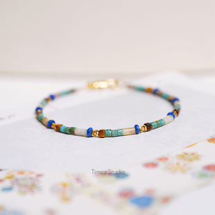 Timee恬觅 春祺 天然绿松疯狂玛瑙虎眼石青金石古法银镀金手链