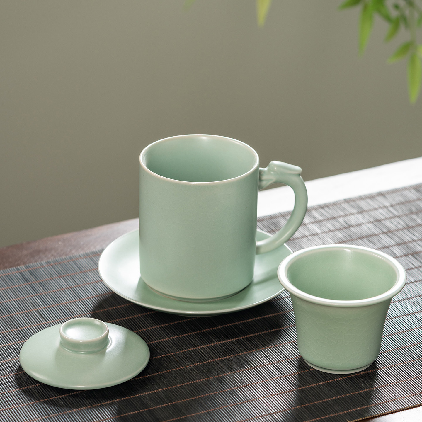 汝窑茶杯陶瓷办公室泡茶大容量马克杯男高档带盖过滤水杯分离杯子