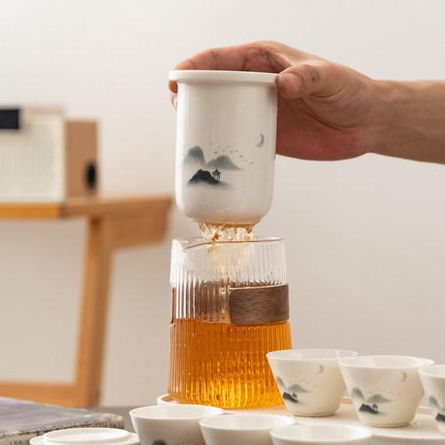 羊脂玉白瓷陶瓷茶具套装一壶六杯山境条纹旅行茶杯便携茶盘快客杯
