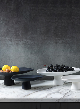 黑白高脚陶瓷果盘托盘收纳摆件餐桌茶几床头柜书桌桌面装饰品用品