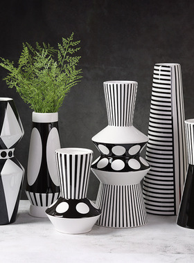 黑白条纹陶瓷花瓶花器摆件餐桌茶几电视柜酒柜玄关书桌床头柜饰品