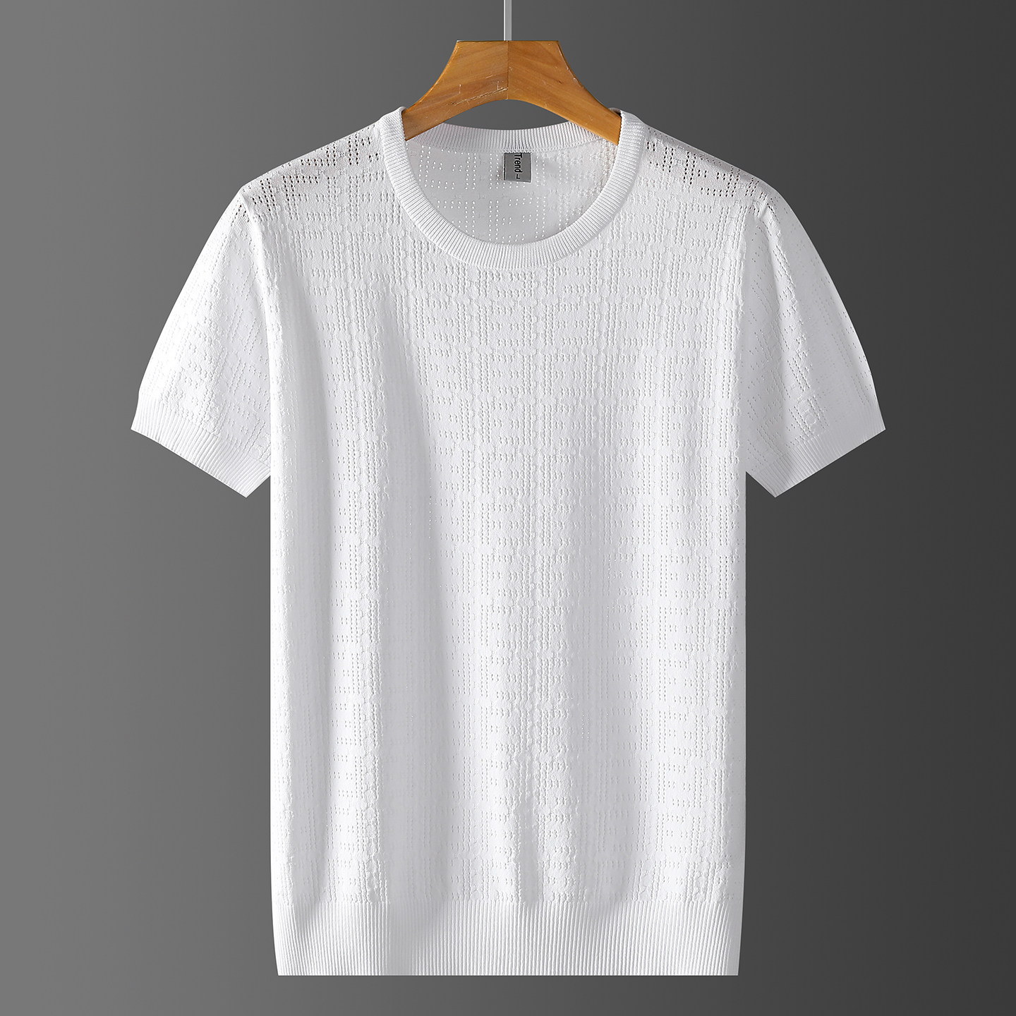 白色薄款镂空短袖T恤圆领2026夏季针织衫时尚FF提花加肥加大码男