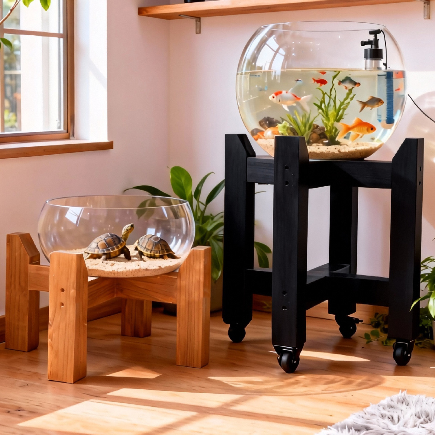 黑色防腐木双层花架室外阳台落地式带轮木架子客厅木质鱼缸置物架