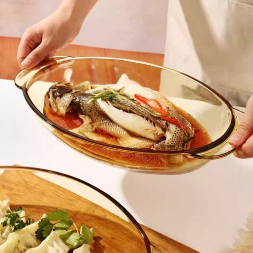 轻奢双耳椭圆耐高温玻璃蒸鱼盘子