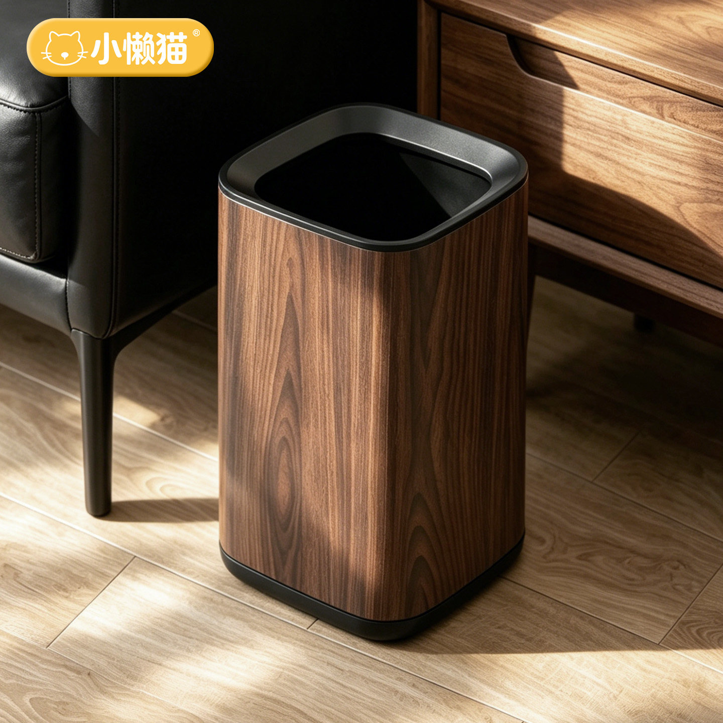 厨房垃圾桶家用2026新款中古风胡桃木纹高颜值客厅大容量卫生桶图片