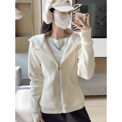 白色摇粒绒外套女秋冬季2025新款修身小个子短款上衣加绒连帽卫衣