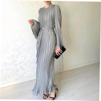 Flare Sleeve Long Pleated Dress休闲 纯色圆领喇叭袖百褶裙洋装