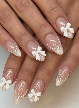 24pcs Short Almond Press on Nails White French Pearl Bow Des