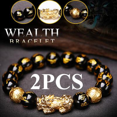 2PCS Feng Shui Black Obsidian Wealth Bracelets for Women