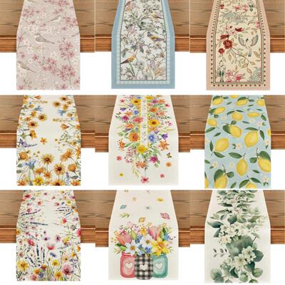Spring Lemons Flowers Linen Table Runner Holiday Party Decor
