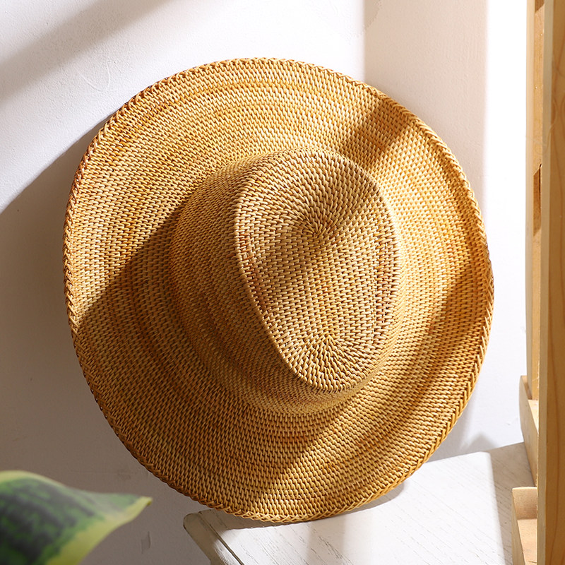 越南进口藤编帽秋藤编织民族风手工精编文艺画家帽休闲透气牛仔帽