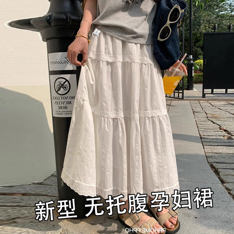 现货孕妇白色蛋糕裙白色A字蛋糕温柔风长裙设计感钩花半身裙