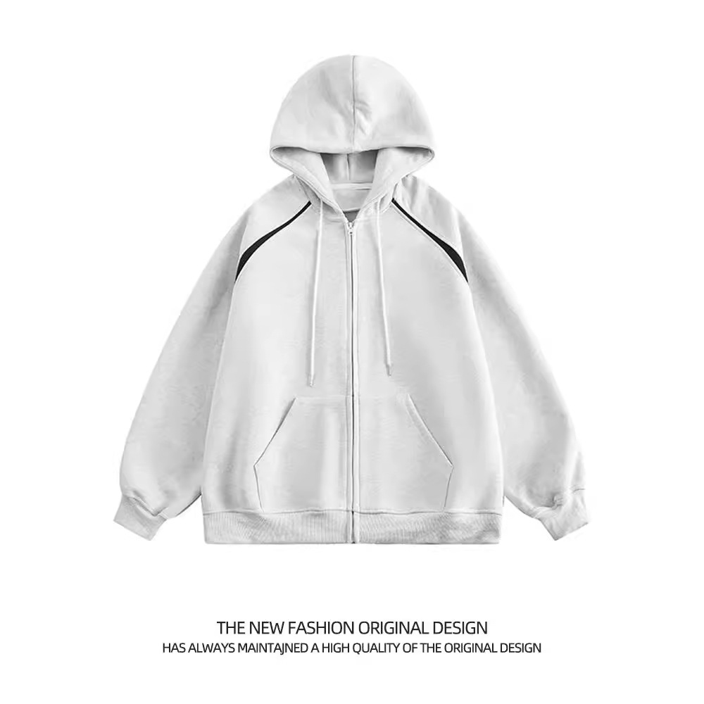 美式重磅灰色连帽卫衣外套男生潮牌宽松oversize拼接撞色拉链开衫