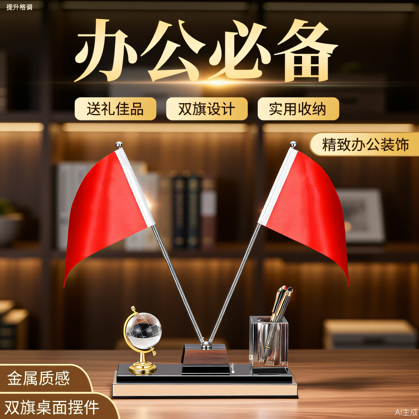 国旗党旗摆件办公室办公室桌面创意水晶透明笔筒五星红旗国旗会议室桌面装饰旗红旗国旗书房办公桌国旗摆件