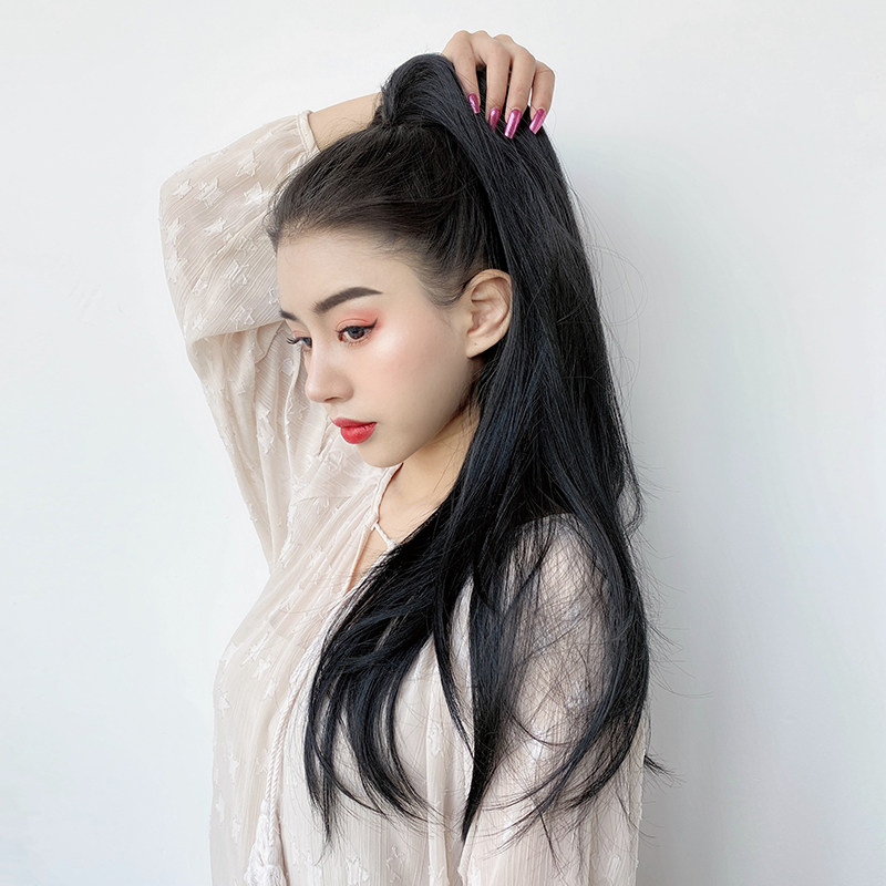 网红黑色高马尾辫子假发女直发 自然抓夹式超轻 发尾微卷中长发