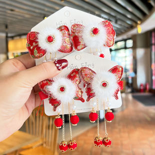 中国风汉服头饰发夹儿女童宝宝红色古风新年周岁发饰娃娃铃铛头花