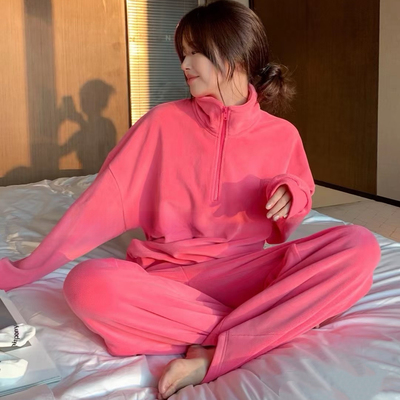 奥利绒半拉链立领珊瑚绒睡衣女