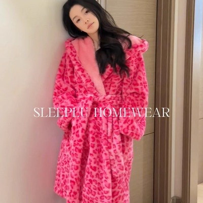 粉色豹纹珊瑚绒睡衣睡袍女秋冬季