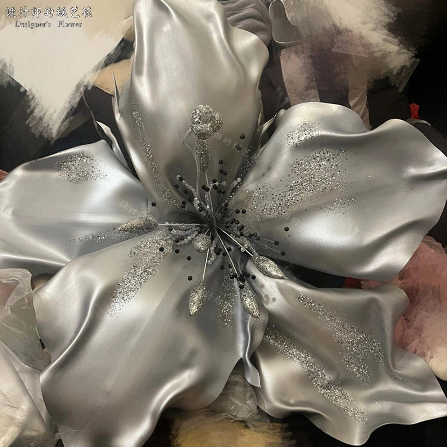 婚礼高端银色珠光eva纸艺花朵头巨大型舞台吊顶布置氛围道具异形