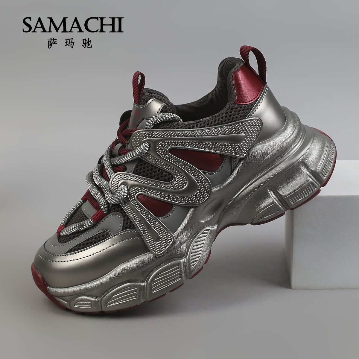 萨玛驰今年流行的老爹鞋女款厚底舒适安哥拉红小个子增高休闲女鞋