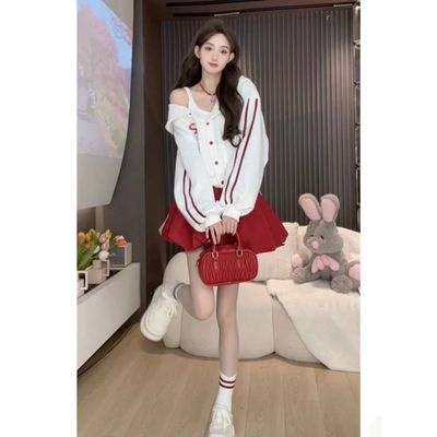 【真两件套撞色卫衣套装裙】春季新款连帽外套暗红色半裙两件2025