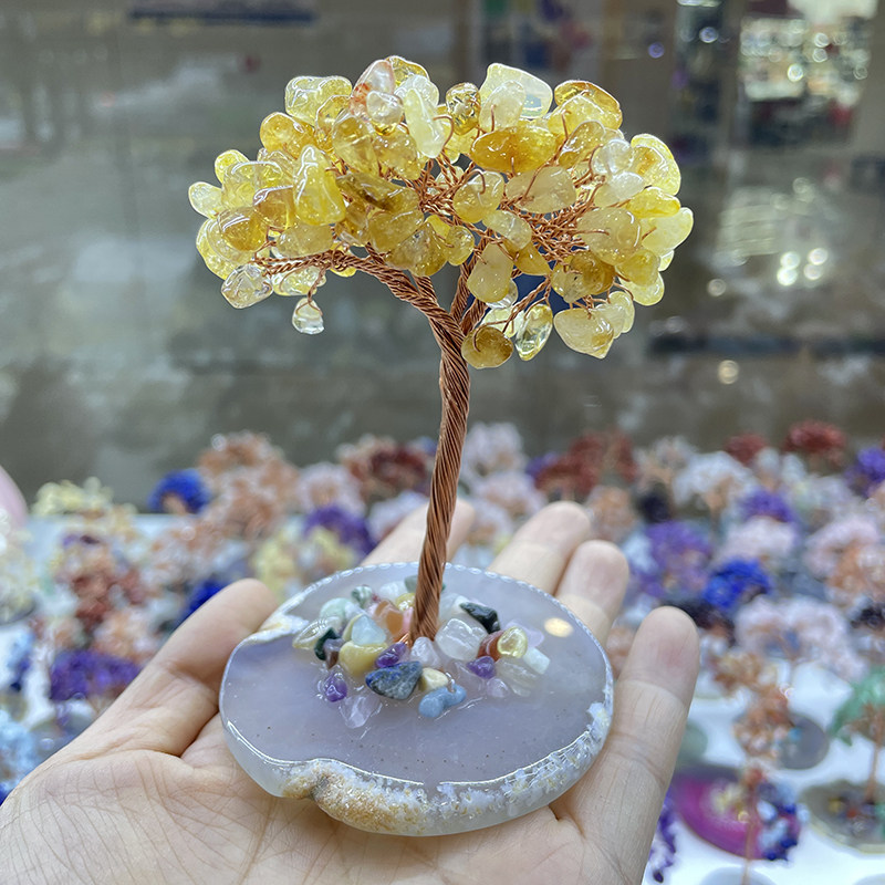 天然黄紫粉水晶玛瑙片铜丝发财树家居装饰diy 水晶树小摆件