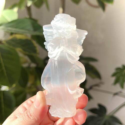 天然摩洛哥透石膏天使祈祷天使石膏原石雕刻水晶天使能量饰品摆件