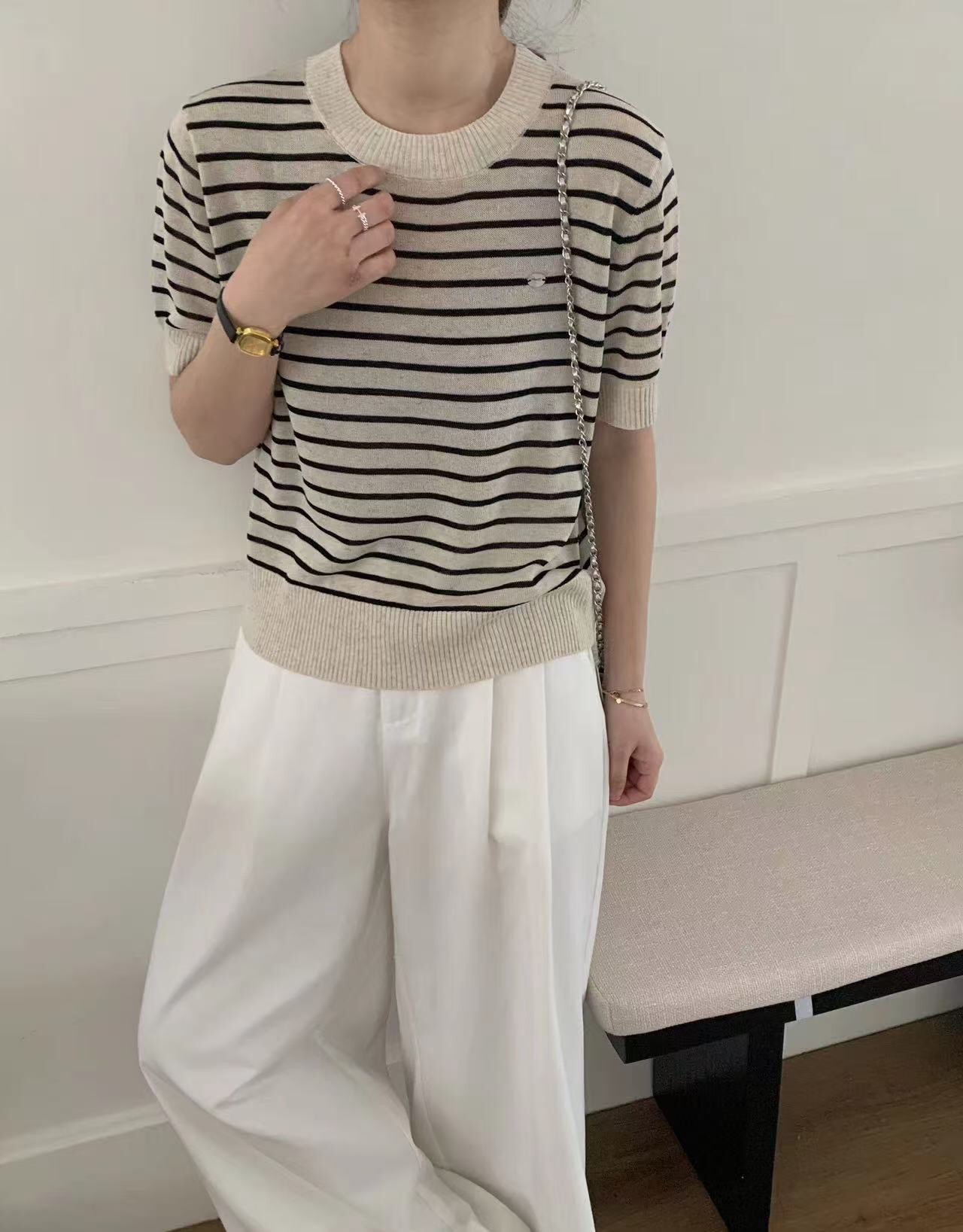 撞春季新款短袖T恤2025法式小清新韩系条纹圆领套头针织衫上衣女