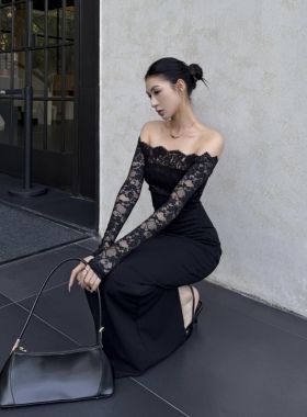 AhhCute【攻心曲线】性感蕾丝一字肩礼服裙女纯欲包臀长裙