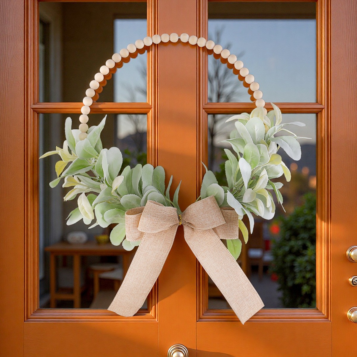 秋季兔耳叶木珠蝴蝶结花环门挂创意农舍庭院仿真植物装饰壁挂zj41