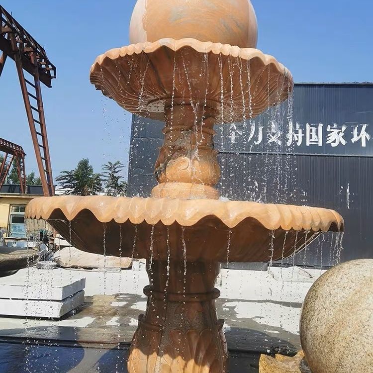 石雕喷泉晚霞红风水球欧式雕塑广场跌水景观庭院天然大理石水钵