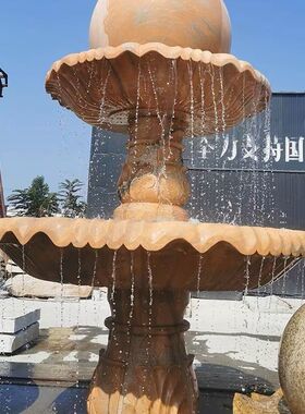 石雕喷泉晚霞红风水球欧式雕塑广场跌水景观庭院天然大理石水钵