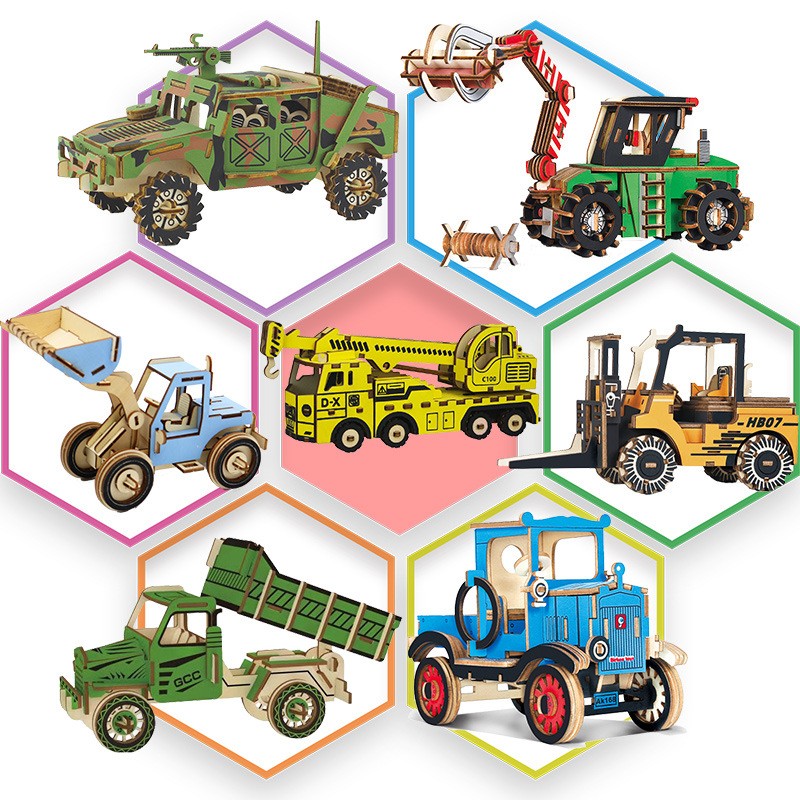 木质手工制作3D立体拼图摆件工程车积木拼装汽车模型玩具DF86