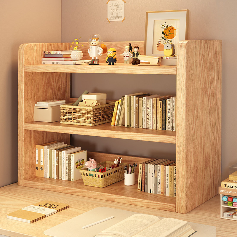 全实木书架桌面置物架学生书桌工位电脑桌收纳小型简易书柜展示架