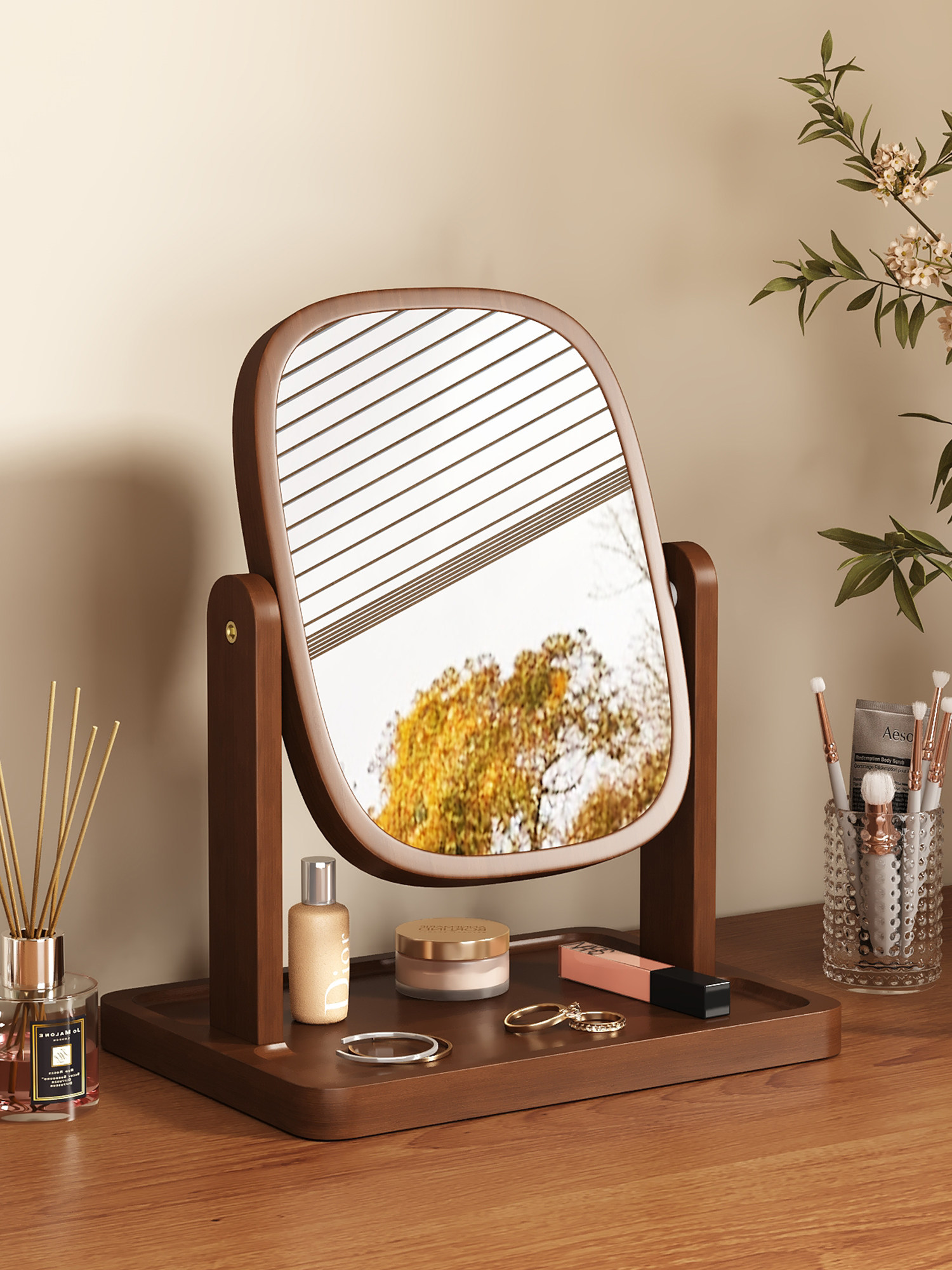 覆古实木化妆镜台式桌面家用卧室梳妆台专用镜子美妆镜大梳妆镜子