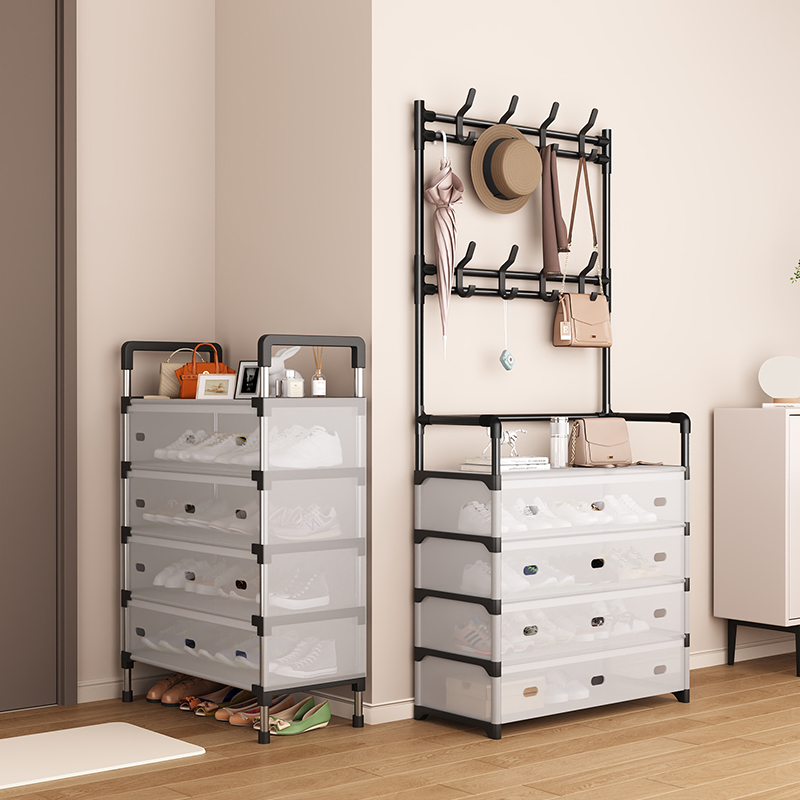 多层防尘鞋架子家用简易鞋柜挂衣架一体铁艺宿舍门口鞋架带防尘罩