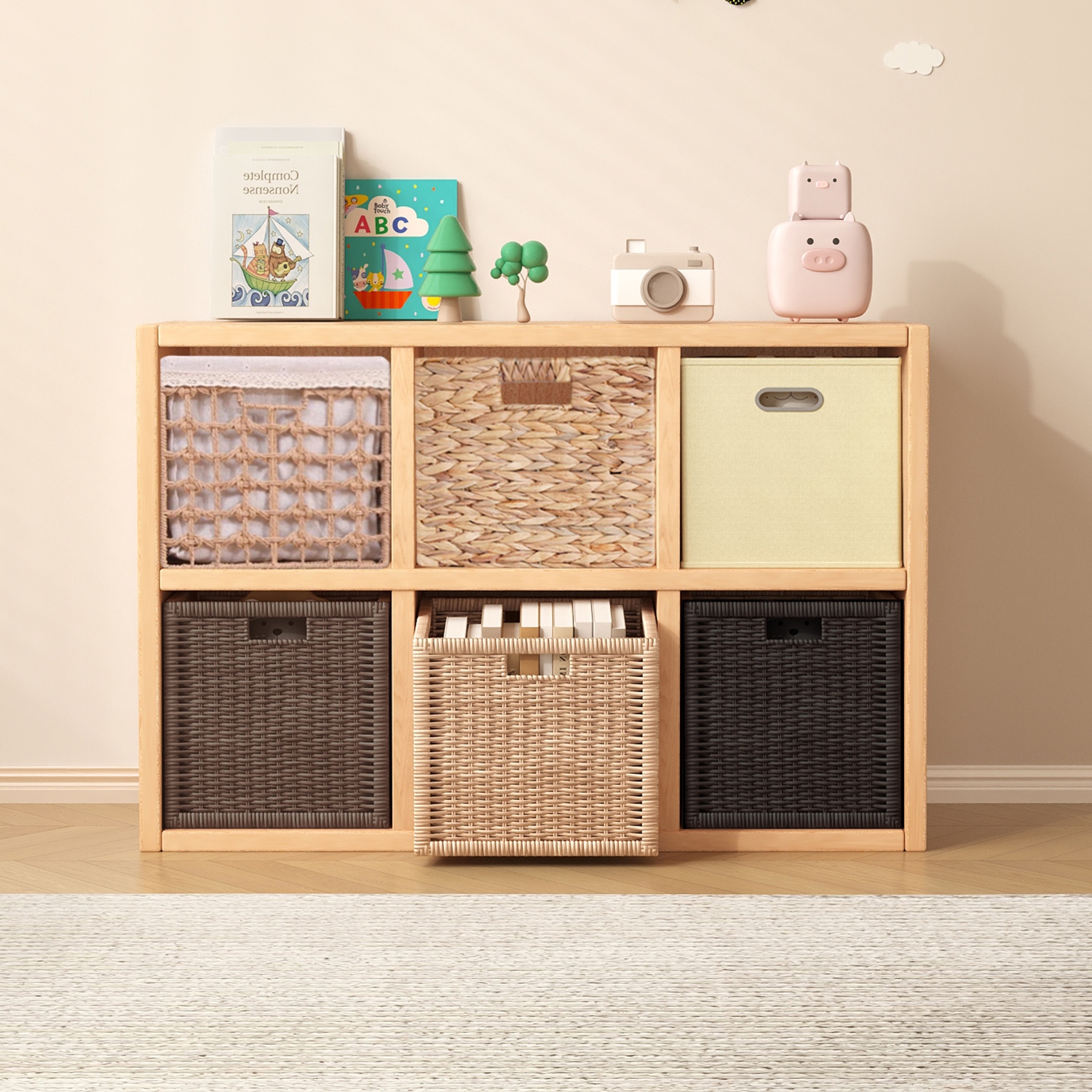 格子柜收纳盒抽屉式仿藤编织筐正方形储物箱子实木书架收纳筐盒子