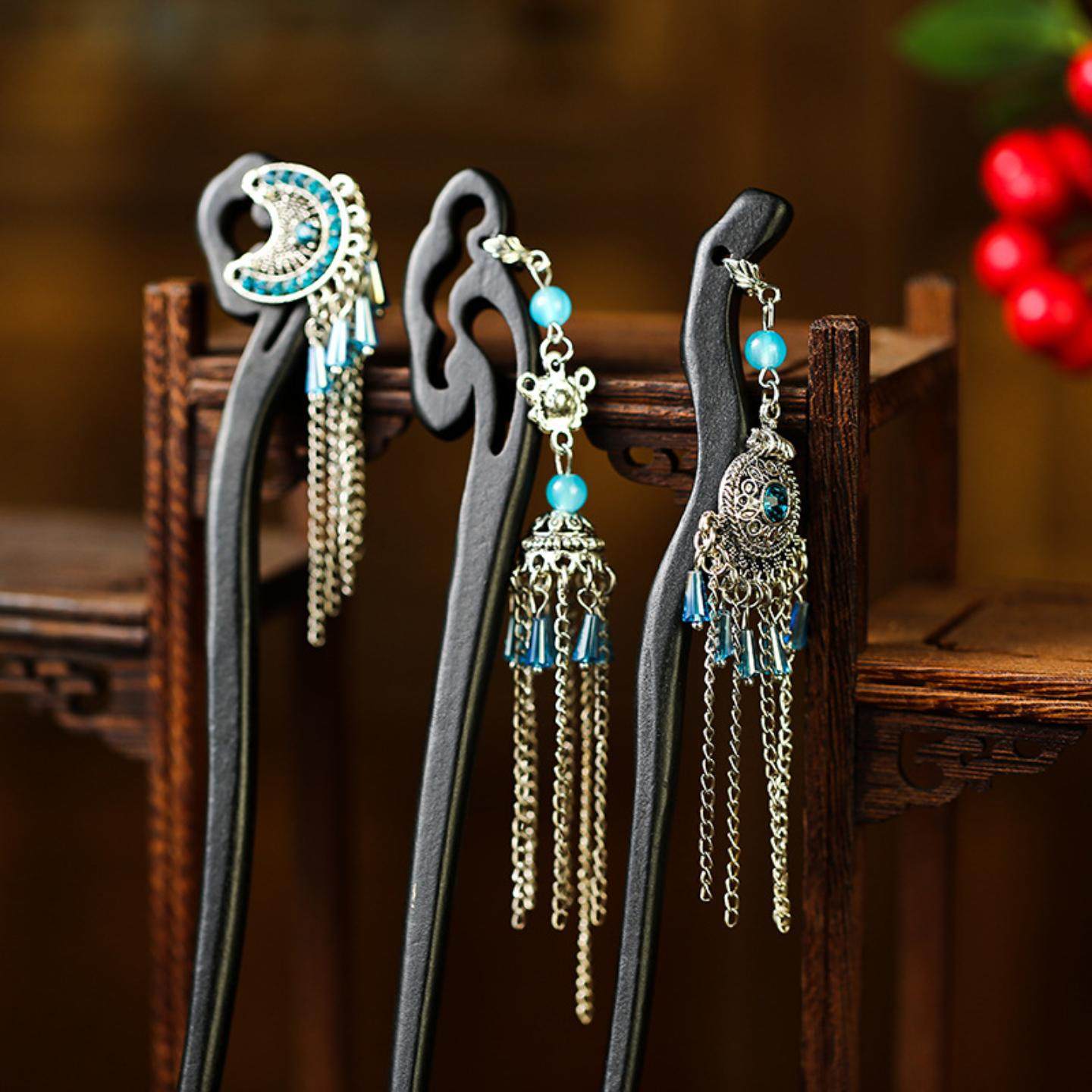 少数民族头饰古典流苏发簪新中式绿松石花朵吊坠发钗旗袍汉服装扮