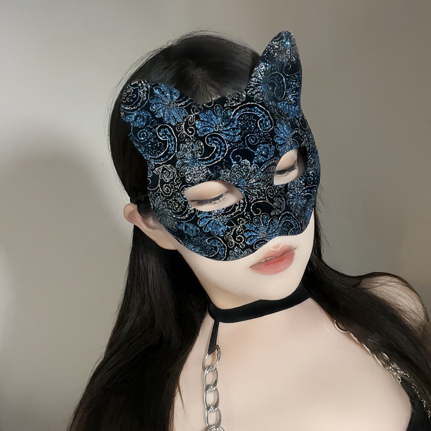 网纱面具半脸猫女郎cosplay化妆舞会派对性感眼罩面纱遮脸道具女