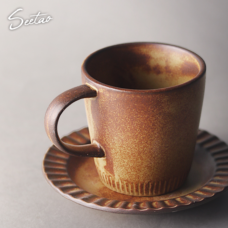 日式手工咖啡杯创意家用粗陶咖啡杯带碟大容量马克杯简约窑变水杯