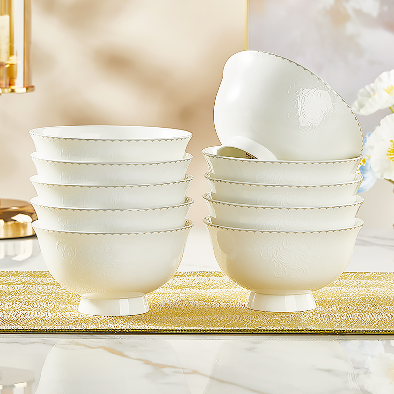 优尊陶瓷米饭碗家用2025新款纯白骨瓷高脚防烫碗盘餐具可微波碗碟