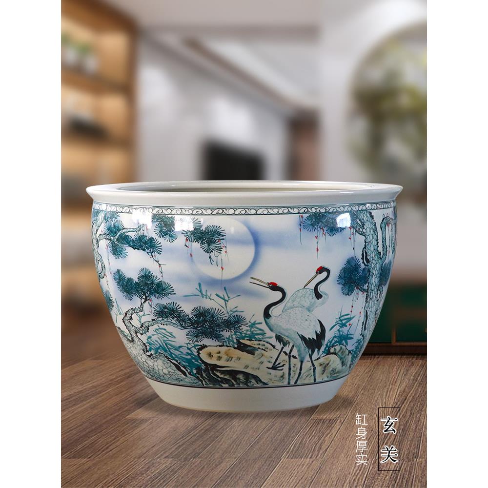 景德镇手绘松河延年陶瓷大鱼缸客厅书画缸庭院龟莲花盆景